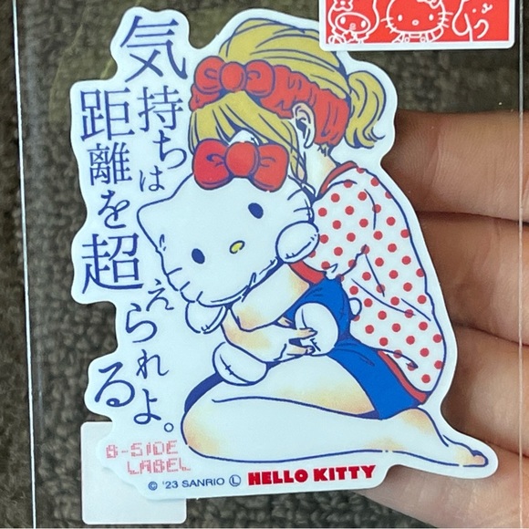 Girl Holding Hello Kitty Plush B-Side Label Sticker Water & UV Ray Protected - Picture 3 of 5